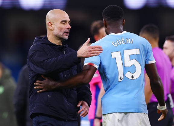 Manchester City manager Pep Guardiola with Marc Guehi at the end of the match Manchester City v Wolverhampton Wanderers, Premier League, Football, Etihad Stadium, Manchester, UK - 24 Jan 2026Manchester Etihad Stadium United Kingdom EDITORIAL USE ONLY No use with unauthorised audio, video, data, fixture lists, club league logos or live services. Online in-match use limited to 120 images, no video emulation. No use in betting, games or single club league player publications.  Copyright: xMattxWest Shutterstockx 16425986am