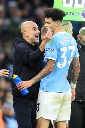 24th January 2026; Etihad Stadium, Manchester, Lancashire, England; Premier League Football, Manchester City versus Wolverhampton Wanderers; Pep Guardiola celebrates with Nico O Riley of Manchester City at full time  DavidxBlunsden Content restricted for UK based newspaper
