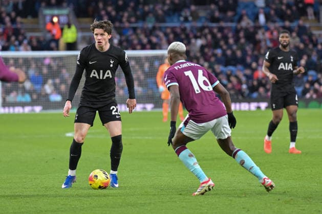 24th January 2026; Turf Moor, Burnley, Lancashire, England; Premier League Football, Burnley versus Tottenham Hotspur; Conor Gallagher of Tottenham Hotspur looks to take on Florentino Luis of Burnley  LeexDurkin Content restricted for UK based newspaper
