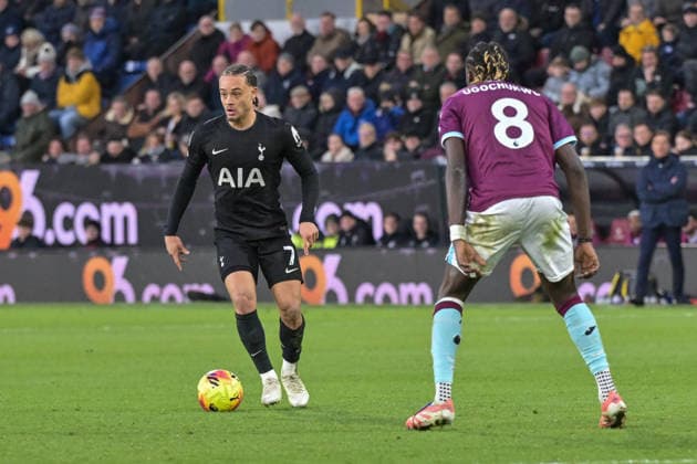 24th January 2026; Turf Moor, Burnley, Lancashire, England; Premier League Football, Burnley versus Tottenham Hotspur; Xavi Simons of Tottenham Hotspur looks to take on Lesley Ugochukwu of Burnley  LeexDurkin Content restricted for UK based newspaper