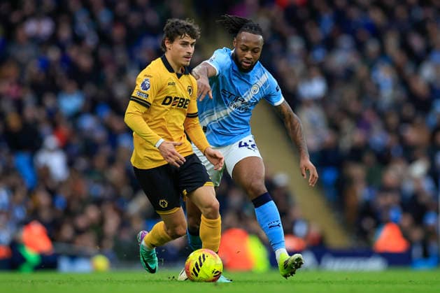 Manchester City v Wolverhampton Wanderers, Premier League Hugo Bueno (3) of Wolverhampton Wanderers is challenged by Antione Semenyo (42) of Manchester City during the Premier League match between Manchester City and Wolverhampton Wanderers at the Etihad Stadium, Manchester, UK on 24 January 2026. Manchester Etihad Stadium Manchester UK Editorial use only DataCo restrictions apply See www.football-dataco.com , Copyright: xConorxMolloyx PSI-23610-0076