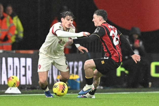 Bournemouth v Liverpool, Premier League Milos Kerkez (6) of Liverpool battles for possession with Alex Jimenez (20) of AFC Bournemouth during the Premier League match between Bournemouth and Liverpool at the Vitality Stadium, Bournemouth, UK on 24 January 2026. Bournemouth Vitality Stadium Dorset UK Editorial use only DataCo restrictions apply See www.football-dataco.com , Copyright: xGrahamxHuntx PSI-23639-0038