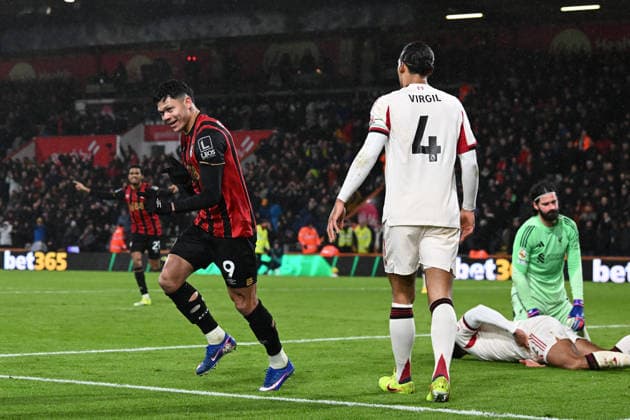 Bournemouth v Liverpool, Premier League Goal 1-0 - Evanilson (9) of AFC Bournemouth celebrates scoring the opening goal during the Premier League match between Bournemouth and Liverpool at the Vitality Stadium, Bournemouth, UK on 24 January 2026. Bournemouth Vitality Stadium Dorset UK Editorial use only DataCo restrictions apply See www.football-dataco.com , Copyright: xGrahamxHuntx PSI-23639-0045