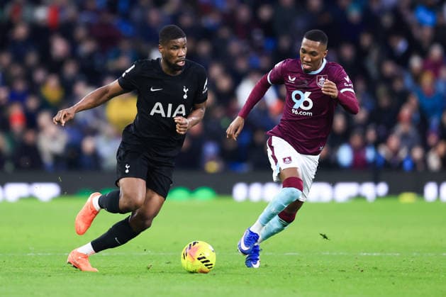 Burnley, England, 24th January 2026. Kevin Danso of Tottenham Hotspur is challenged by Jaidon Anthony of Burnley during the Burnley vs Tottenham Hotspur Premier League match at Turf Moor, Burnley. Picture credit should read: Jessica Hornby Sportimage EDITORIAL USE ONLY. No use with unauthorised audio, video, data, fixture lists, club league logos or live services. Online in-match use limited to 120 images, no video emulation. No use in betting, games or single club league player publications. SPI_086_JH_BURNLEY_TOTTENHAM SPI-4474-0085
