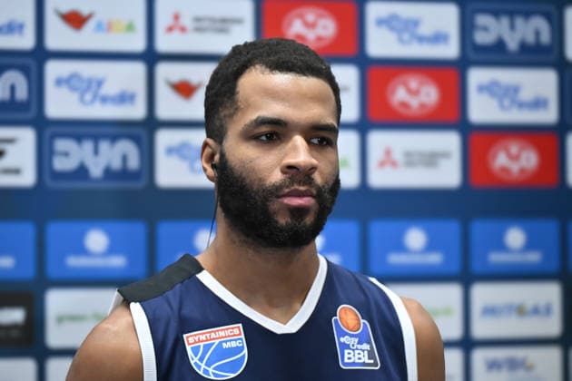 Andrew Harrison (MBC, 2), Interview, Syntainics MBC vs. Vet-Concept Gladiators Trier, Basketball, 1. Bundesliga, Maenner, 17. Spieltag Hauptrunde, Saison 2025 26, 24.01.2026. Weißenfels Stadthalle Sachsen-Anhalt Deutschland
