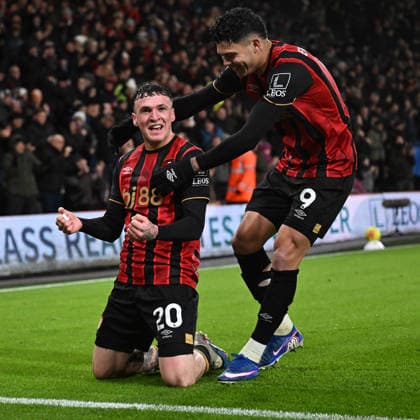 Bournemouth v Liverpool Premier League Alex Jiminez of Bournemouth celebrates scoring his side s second goal with Evanilson of Bournemouth during the Premier League match at the Vitality Stadium, Bournemouth 24 01 2026 UK Newspapers OUT Copyright: xJeremyxLandeyx FIL-22861-0034