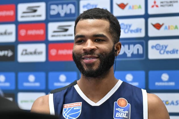 Andrew Harrison (MBC, 2), Interview, Syntainics MBC vs. Vet-Concept Gladiators Trier, Basketball, 1. Bundesliga, Maenner, 17. Spieltag Hauptrunde, Saison 2025 26, 24.01.2026. Weißenfels Stadthalle Sachsen-Anhalt Deutschland