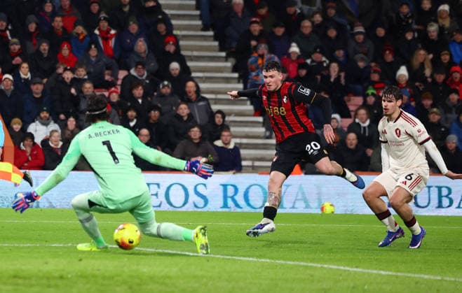Bournemouth, England, 24th January 2026. Ãlex JimÃ nez of Bournemouth celebrates after scoring to make it 2-0 during the AFC Bournemouth vs Liverpool Premier League match at the Vitality Stadium, Bournemouth. Picture credit should read: Paul Terry Sportimage EDITORIAL USE ONLY. No use with unauthorised audio, video, data, fixture lists, club league logos or live services. Online in-match use limited to 120 images, no video emulation. No use in betting, games or single club league player publications. SPI_025_PT_Bournemouth_Liverpool SPI-4475-0025