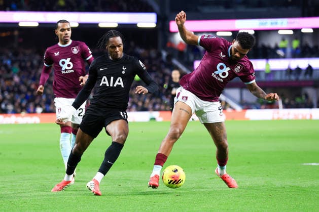 Burnley, England, 24th January 2026. Mathys Tel of Tottenham Hotspur battles for possession with Lyle Foster of Burnley during the Burnley vs Tottenham Hotspur Premier League match at Turf Moor, Burnley. Picture credit should read: Jessica Hornby Sportimage EDITORIAL USE ONLY. No use with unauthorised audio, video, data, fixture lists, club league logos or live services. Online in-match use limited to 120 images, no video emulation. No use in betting, games or single club league player publications. SPI_095_JH_BURNLEY_TOTTENHAM SPI-4474-0094