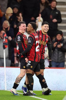 Bournemouth v Liverpool 24 January 2026, Bournemouth - Premier League Football - AFC Bournemouth v Liverpool - Alex Jimenez of Bournemouth celebrates his goal with Junior Kroupi - Photo: Charlotte Wilson Offside. Bournemouth UK Copyright: xCharlottexWilsonx xOffsidexOffside
