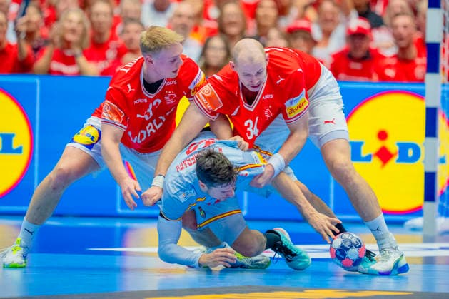 Handball European Championship 2026 Spain Denmark Herning, Denmark 20260124 Denmark s Emil Bergholt and Simon Hald during the European Championship handball match between Spain and Denmark at the Boxen arena in Herning Photo Stian Lysberg Solum NTB Herning Denmark EDITORIAL USE ONLY RESTRICTED USE FOR BETTING COMPANIES  Copyright: xStianxLysbergxSolumx xNTBx