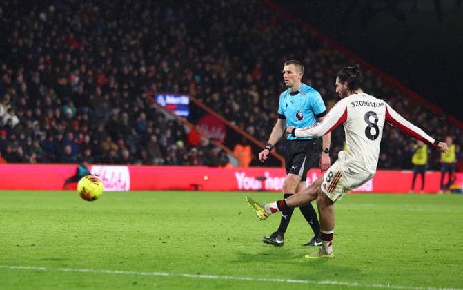 Bournemouth, England, 24th January 2026. Dominik Szoboszlai of Liverpool scores to make it 2-2 during the AFC Bournemouth vs Liverpool Premier League match at the Vitality Stadium, Bournemouth. Picture credit should read: Paul Terry Sportimage EDITORIAL USE ONLY. No use with unauthorised audio, video, data, fixture lists, club league logos or live services. Online in-match use limited to 120 images, no video emulation. No use in betting, games or single club league player publications. SPI_026_PT_Bournemouth_Liverpool SPI-4475-0026