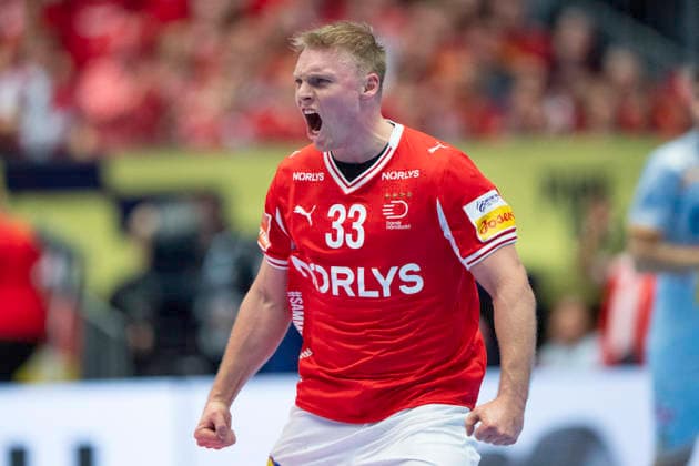 Men s Handball European Championship, EM, Europameisterschaft Denmark - Spain Denmark s Emil Bergholt reacts after scoring during the men s handball match between Denmark and Spain in the EHF Euro 2026 Group B at Jyske Bank Boxen in Herning, Saturday, January 24, 2026. (Photo: Bo Amstrup Ritzau Scanpix) , Herning Denmark Mors Copyright: BoxAmrstrupx xRitzauxScanpix BoxAmstrupx spdk20260124-195332-L