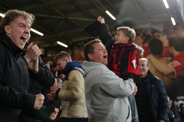 Bournemouth v Liverpool 24 January 2026, Bournemouth - Premier League Football - AFC Bournemouth v Liverpool - Bournemouth supporters celebrate victory - Photo: Charlotte Wilson Offside. Bournemouth UK Copyright: xCharlottexWilsonx xOffsidexOffside