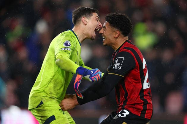 Bournemouth, England, 24th January 2026. Djordje Petrovic of Bournemouth and James Hill of Bournemouth celebrate after the AFC Bournemouth vs Liverpool Premier League match at the Vitality Stadium, Bournemouth. Picture credit should read: Paul Terry Sportimage EDITORIAL USE ONLY. No use with unauthorised audio, video, data, fixture lists, club league logos or live services. Online in-match use limited to 120 images, no video emulation. No use in betting, games or single club league player publications. SPI_034_PT_Bournemouth_Liverpool SPI-4475-0034