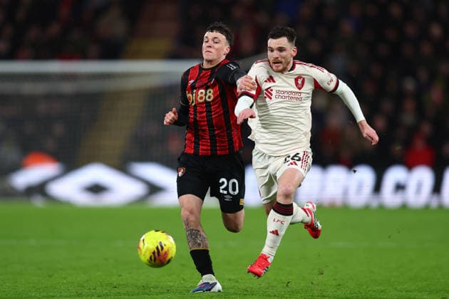 Bournemouth, England, 24th January 2026. Ãlex JimÃ nez of Bournemouth and Andrew Robertson of Liverpool challenge for the ball during the AFC Bournemouth vs Liverpool Premier League match at the Vitality Stadium, Bournemouth. Picture credit should read: Paul Terry Sportimage EDITORIAL USE ONLY. No use with unauthorised audio, video, data, fixture lists, club league logos or live services. Online in-match use limited to 120 images, no video emulation. No use in betting, games or single club league player publications. SPI_060_PT_Bournemouth_Liverpool SPI-4475-0060