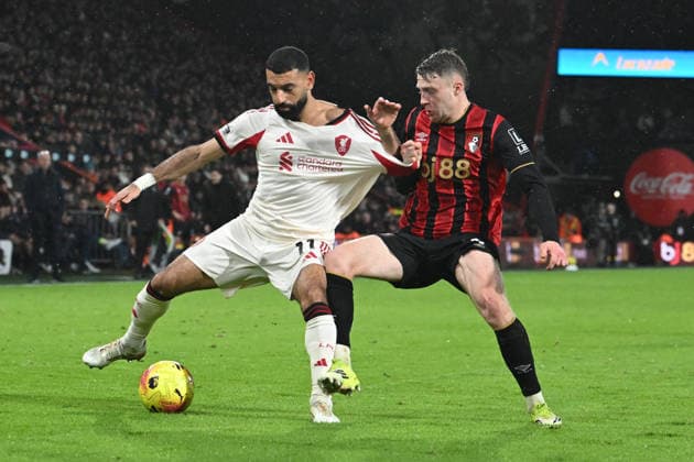 Bournemouth v Liverpool, Premier League Mohamed Salah (11) of Liverpool on the attack battles for possession with Adrien Truffert (3) of AFC Bournemouth during the Premier League match between Bournemouth and Liverpool at the Vitality Stadium, Bournemouth, UK on 24 January 2026. Bournemouth Vitality Stadium Dorset UK Editorial use only DataCo restrictions apply See www.football-dataco.com , Copyright: xGrahamxHuntx PSI-23639-0142