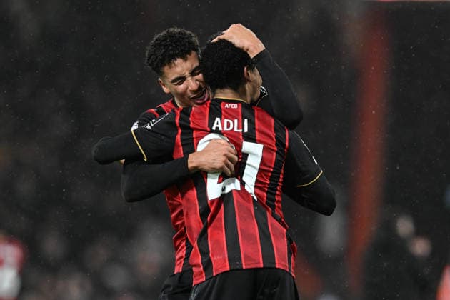 Bournemouth v Liverpool, Premier League James Hill (23) of AFC Bournemouth celebrates the win with Amine Adli (21) of AFC Bournemouth at full time during the Premier League match between Bournemouth and Liverpool at the Vitality Stadium, Bournemouth, UK on 24 January 2026. Bournemouth Vitality Stadium Dorset UK Editorial use only DataCo restrictions apply See www.football-dataco.com , Copyright: xGrahamxHuntx PSI-23639-0147