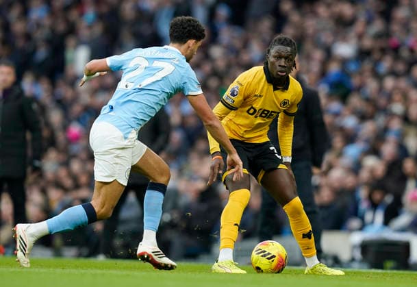 Manchester, England, 24th January 2026. Mateus ManÃ of Wolverhampton Wanderers during the Manchester City vs Wolverhampton Wanderers Premier League match at the Etihad Stadium, Manchester. Picture credit should read: Andrew Yates Sportimage EDITORIAL USE ONLY. No use with unauthorised audio, video, data, fixture lists, club league logos or live services. Online in-match use limited to 120 images, no video emulation. No use in betting, games or single club league player publications. SPI_080_AY_MAN_CITY_WOLVES SPI-4473-0080
