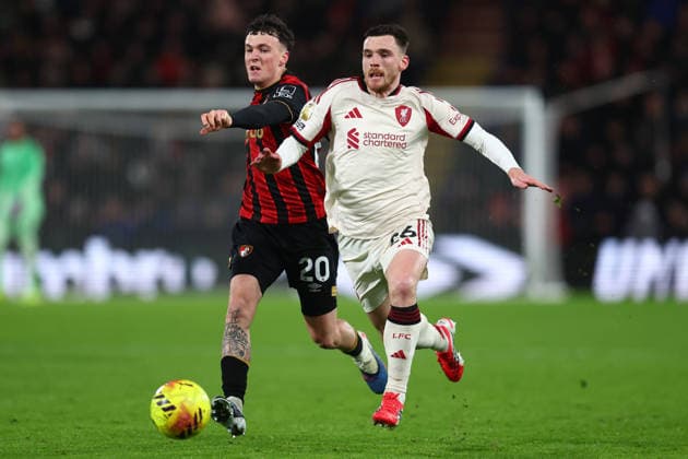 Bournemouth, England, 24th January 2026. Ãlex JimÃ nez of Bournemouth and Andrew Robertson of Liverpool challenge for the ball during the AFC Bournemouth vs Liverpool Premier League match at the Vitality Stadium, Bournemouth. Picture credit should read: Paul Terry Sportimage EDITORIAL USE ONLY. No use with unauthorised audio, video, data, fixture lists, club league logos or live services. Online in-match use limited to 120 images, no video emulation. No use in betting, games or single club league player publications. SPI_073_PT_Bournemouth_Liverpool SPI-4475-0073