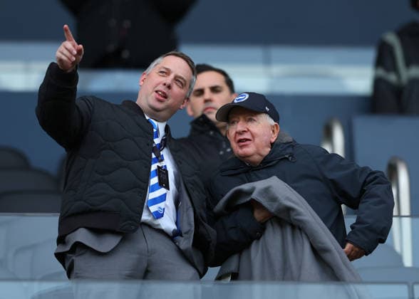 24th January 2026; Craven Cottage, Fulham, London, England; Premier League Football, Fulham versus Brighton and Hove Albion; Brighton and Hove Albion Chief Financial and Administration Officer Lee Cooper alongside Brighton and Hove Albion Non-Executive Director Ray Boom in the stands  JohnxPatrickxFletcher Content restricted for UK based newspaper