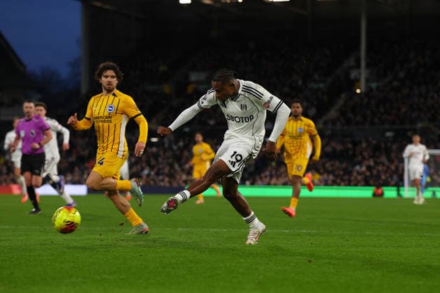 24th January 2026; Craven Cottage, Fulham, London, England; Premier League Football, Fulham versus Brighton and Hove Albion; Samuel Chukwueze of Fulham takes a shot on goal  JohnxPatrickxFletcher Content restricted for UK based newspaper