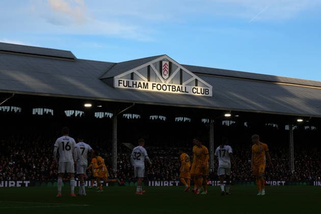 24th January 2026; Craven Cottage, Fulham, London, England; Premier League Football, Fulham versus Brighton and Hove Albion; Sun setting above the famous Fulham Football Club sign on the Johnny Haynes stand during the 1st half  JohnxPatrickxFletcher Content restricted for UK based newspaper