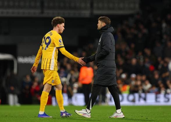24th January 2026; Craven Cottage, Fulham, London, England; Premier League Football, Fulham versus Brighton and Hove Albion; Maxim De Cuyper of Brighton &amp; Hove Albion shakes hands with Brighton &amp; Hove Albion manager Fabian Hurzeler after the match  JohnxPatrickxFletcher Content restricted for UK based newspaper