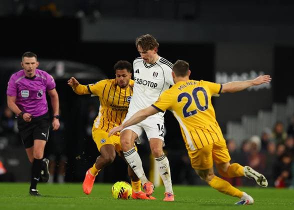 24th January 2026; Craven Cottage, Fulham, London, England; Premier League Football, Fulham versus Brighton and Hove Albion; Sander Berge of Fulham under pressure from Georginio Rutter and James Milner of Brighton &amp; Hove Albion  JohnxPatrickxFletcher Content restricted for UK based newspaper