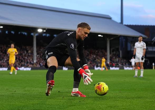 24th January 2026; Craven Cottage, Fulham, London, England; Premier League Football, Fulham versus Brighton and Hove Albion; Goalkeeper Bart Verbruggen of Brighton &amp; Hove Albion collects the match ball  JohnxPatrickxFletcher Content restricted for UK based newspaper