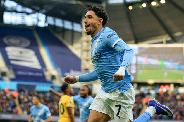 Manchester City v Wolverhampton Wanderers, Premier League Omar Marmoush (7) of Manchester City celebrates scoring to make it 1-0 during the Premier League match between Manchester City and Wolverhampton Wanderers at the Etihad Stadium, Manchester, UK on 24 January 2026. Manchester Etihad Stadium Manchester UK Editorial use only DataCo restrictions apply See www.football-dataco.com , Copyright: xConorxMolloyx PSI-23610-0164