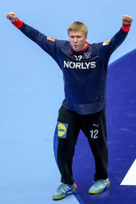 24.01.2026, Handball, Men s EHF EURO 2026, Dänemark -Spanien, Jyske Bank Boxen in Herning, Dänemark, Main Round: Emil Nielsen (Denmark 12) jubelnd Dänemark