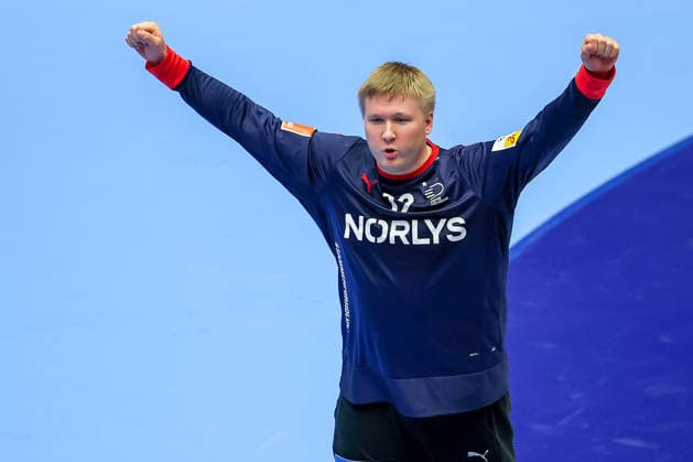 24.01.2026, Handball, Men s EHF EURO 2026, Dänemark -Spanien, Jyske Bank Boxen in Herning, Dänemark, Main Round: Emil Nielsen (Denmark 12) jubelnd Dänemark