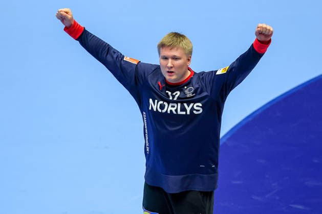 24.01.2026, Handball, Men s EHF EURO 2026, Dänemark -Spanien, Jyske Bank Boxen in Herning, Dänemark, Main Round: Emil Nielsen (Denmark 12) jubelnd Dänemark