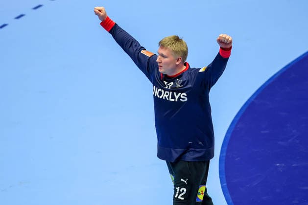 24.01.2026, Handball, Men s EHF EURO 2026, Dänemark -Spanien, Jyske Bank Boxen in Herning, Dänemark, Main Round: Emil Nielsen (Denmark 12) jubelnd Dänemark