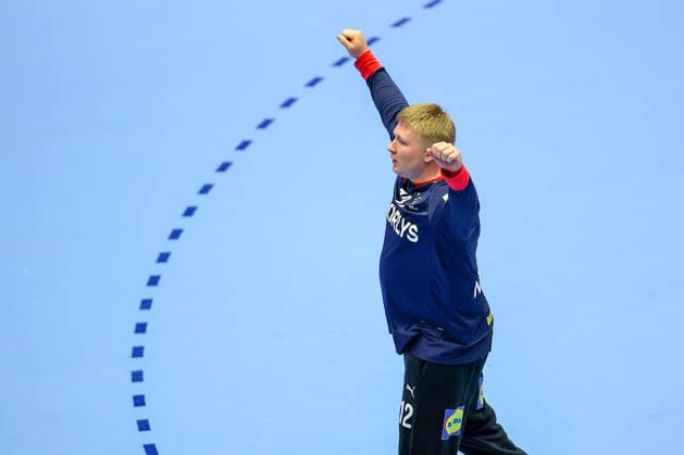 24.01.2026, Handball, Men s EHF EURO 2026, Dänemark -Spanien, Jyske Bank Boxen in Herning, Dänemark, Main Round: Emil Nielsen (Denmark 12) jubelnd Dänemark