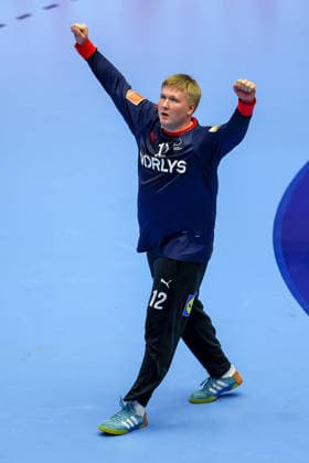24.01.2026, Handball, Men s EHF EURO 2026, Dänemark -Spanien, Jyske Bank Boxen in Herning, Dänemark, Main Round: Emil Nielsen (Denmark 12) jubelnd Dänemark