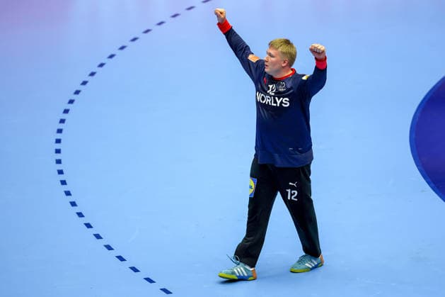 24.01.2026, Handball, Men s EHF EURO 2026, Dänemark -Spanien, Jyske Bank Boxen in Herning, Dänemark, Main Round: Emil Nielsen (Denmark 12) jubelnd Dänemark