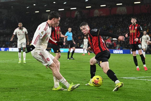 Bournemouth v Liverpool, Premier League Adrien Truffert (3) of AFC Bournemouth battles for possession with Florian Wirtz (7) of Liverpool during the Premier League match between Bournemouth and Liverpool at the Vitality Stadium, Bournemouth, UK on 24 January 2026. Bournemouth Vitality Stadium Dorset UK Editorial use only DataCo restrictions apply See www.football-dataco.com , Copyright: xGrahamxHuntx PSI-23639-0262
