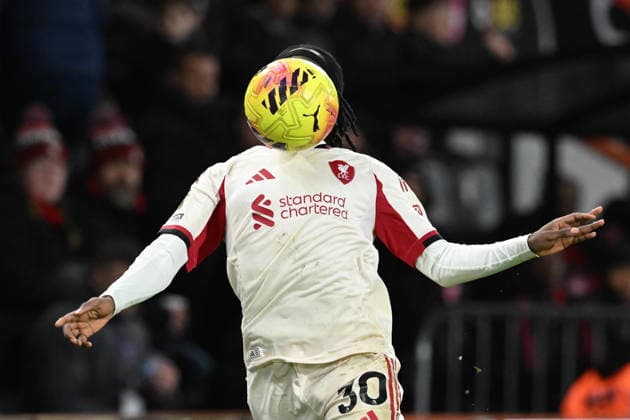 Bournemouth v Liverpool, Premier League Jeremie Frimpong (30) of Liverpool face is hidden by the ball during the Premier League match between Bournemouth and Liverpool at the Vitality Stadium, Bournemouth, UK on 24 January 2026. Bournemouth Vitality Stadium Dorset UK Editorial use only DataCo restrictions apply See www.football-dataco.com , Copyright: xGrahamxHuntx PSI-23639-0302