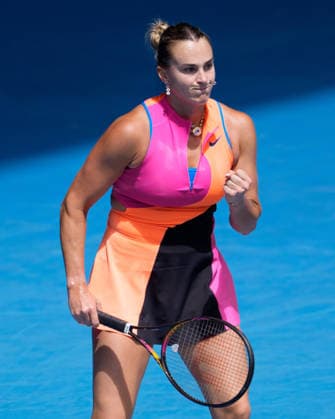 January 25, 2026: 1st seed ARYNA SABALENKA of Belarus in action against 17th seed VICTORIA MBOKO of Canada on Rod Laver Arena in a Women s Singles 4th round match on day 8 of the 2026 Australian Open in Melbourne, Australia. Cal Media Melbourne Australia - ZUMAc04_ 20260125_faf_c04_001 Copyright: xSydneyxLowx