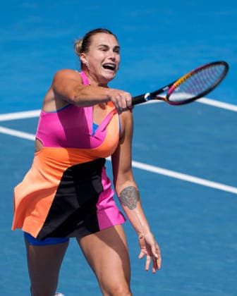 January 25, 2026: 1st seed ARYNA SABALENKA of Belarus in action against 17th seed VICTORIA MBOKO of Canada on Rod Laver Arena in a Women s Singles 4th round match on day 8 of the 2026 Australian Open in Melbourne, Australia. Cal Media Melbourne Australia - ZUMAc04_ 20260125_faf_c04_004 Copyright: xSydneyxLowx