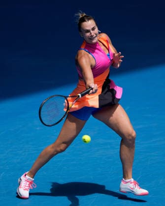 January 25, 2026: 1st seed ARYNA SABALENKA of Belarus in action against 17th seed VICTORIA MBOKO of Canada on Rod Laver Arena in a Women s Singles 4th round match on day 8 of the 2026 Australian Open in Melbourne, Australia. Cal Media Melbourne Australia - ZUMAc04_ 20260125_faf_c04_003 Copyright: xSydneyxLowx