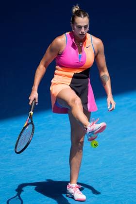 January 25, 2026: 1st seed ARYNA SABALENKA of Belarus in action against 17th seed VICTORIA MBOKO of Canada on Rod Laver Arena in a Women s Singles 4th round match on day 8 of the 2026 Australian Open in Melbourne, Australia. SABALENKA won 61 76. Cal Media Melbourne Australia - ZUMAc04_ 20260125_faf_c04_008 Copyright: xSydneyxLowx