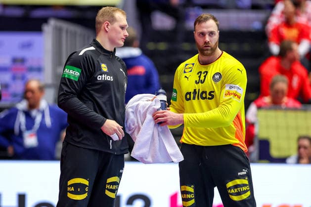 24.01.2026, Handball, Men s EHF EURO 2026, Deutschland - Norwegen, Jyske Bank Boxen in Herning, Dänemark, Main Round: David Späth (Germany 01) neben Andreas Wolff (Germany 33) Dänemark