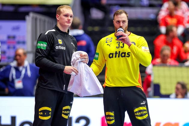 24.01.2026, Handball, Men s EHF EURO 2026, Deutschland - Norwegen, Jyske Bank Boxen in Herning, Dänemark, Main Round: David Späth (Germany 01) neben Andreas Wolff (Germany 33) Dänemark