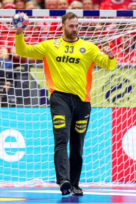 24.01.2026, Handball, Men s EHF EURO 2026, Deutschland - Norwegen, Jyske Bank Boxen in Herning, Dänemark, Main Round: Andreas Wolff (Germany 33) lachend nach einer Parade Dänemark