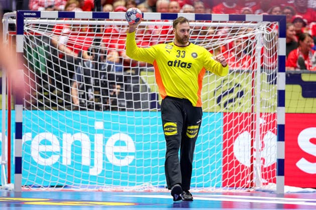 24.01.2026, Handball, Men s EHF EURO 2026, Deutschland - Norwegen, Jyske Bank Boxen in Herning, Dänemark, Main Round: Andreas Wolff (Germany 33) lachend nach einer Parade Dänemark