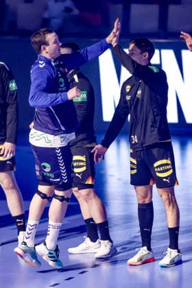 24.01.2026, Handball, Men s EHF EURO 2026, Deutschland - Norwegen, Jyske Bank Boxen in Herning, Dänemark, Main Round: Rune Dahmke (Germany 34) neben Sander Sagosen (Norway 05) Dänemark