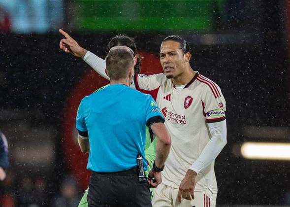 (260125) -- BOURNEMOUTH, Jan. 25, 2026 () -- Liverpool s captain Virgil van Dijk (R) speaks to the referee after Bournemouth score the winning goal in the 95th minute during the English Premier League match between Bournemouth and Liverpool in Bournemouth, Britain, on Jan. 24, 2026. () FOR EDITORIAL USE ONLY. NOT FOR SALE FOR MARKETING OR ADVERTISING CAMPAIGNS. NO USE WITH UNAUTHORIZED AUDIO, VIDEO, DATA, FIXTURE LISTS, CLUB LEAGUE LOGOS OR LIVE SERVICES. ONLINE IN-MATCH USE LIMITED TO 45 IMAGES, NO VIDEO EMULATION. NO USE IN BETTING, GAMES OR SINGLE CLUB LEAGUE PLAYER PUBLICATIONS. (SP)BRITAIN-BOURNEMOUTH-FOOTBALL-PREMIER LEAGUE-BOURNEMOUT VS LIVERPOOL Xinhua 